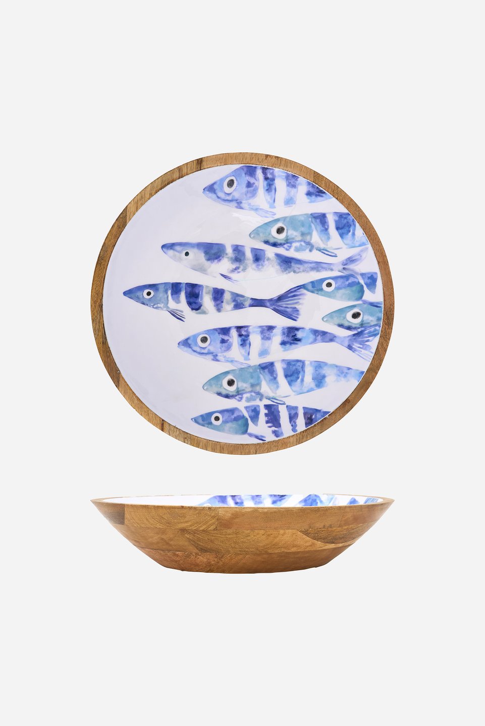 D8373 - Blue Fish Bowl, Enameled Wood, White/Blue, Med